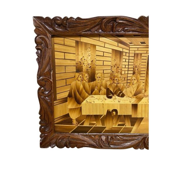 Vintage Last Supper Picture Inlaid Bamboo In Carved Wood Frame 14”x26” - Picture 2 of 5